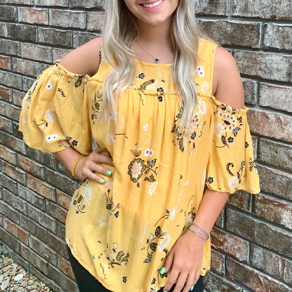Torrid Floral Cold Shoulder Blouse Yellow Size 00